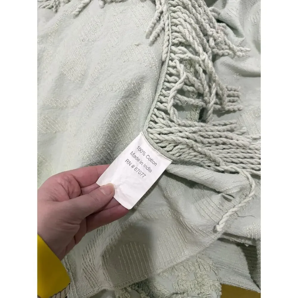 Vintage Green Chenille Fringe Bedspread Mint Sage Floral Cotton 101 X 68in